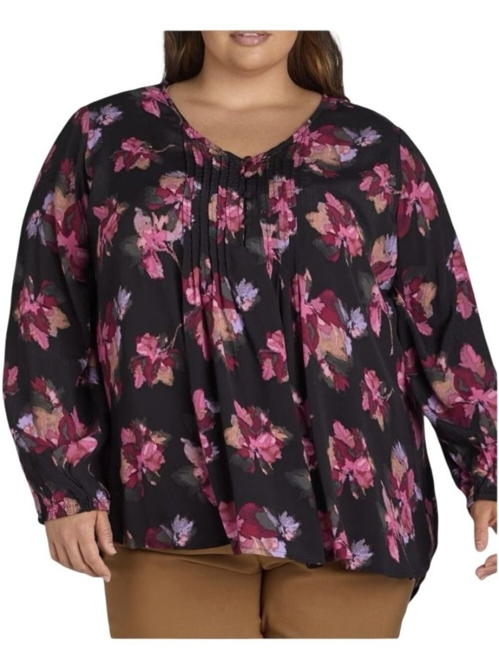 Terra & Sky Floral Blouse NWT Womens 4X Black Pink Boho Balloon Sleeve Tunic Top